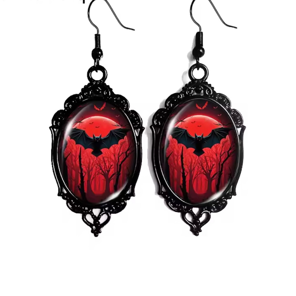 Gothic Black Bat Red Oval Drop Earrings